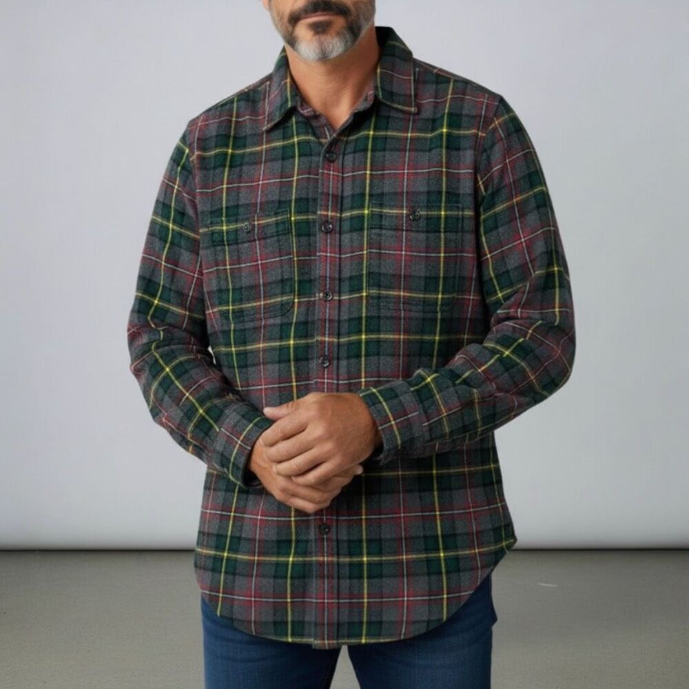 J. Crew Mid-Weight Double Brushed Flannel‎ Shirt Slim Fit Green Red Plaid Size M